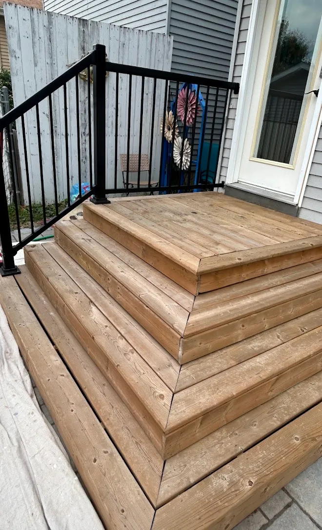 Newly stained cedar deck steps at an Edmonton area home — Leonard’s Painting, Edmonton area