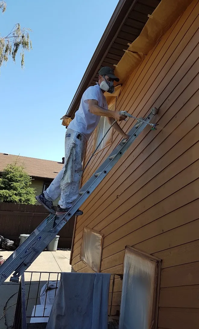 Painter hand-staining cedar siding from a ladder