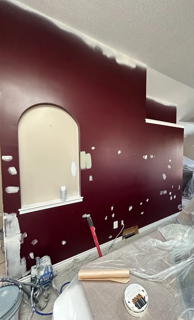 Freshly painted interior walls and ceilings, masked and prepped mid-project — Leonard’s Painting, Edmonton area